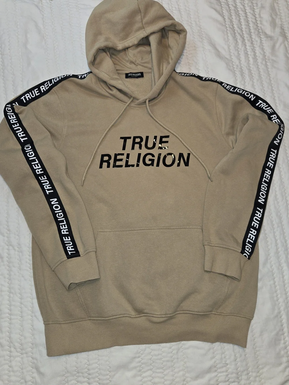 True Religion Men’s Tan Hoodie with Black Logo Tape